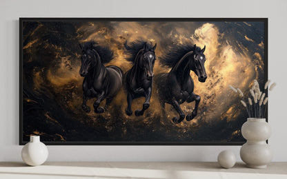 Three Running Stallions On Black Gold Background Framed Canvas Wall Art