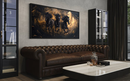 Three Running Stallions On Black Gold Background Framed Canvas Wall Art