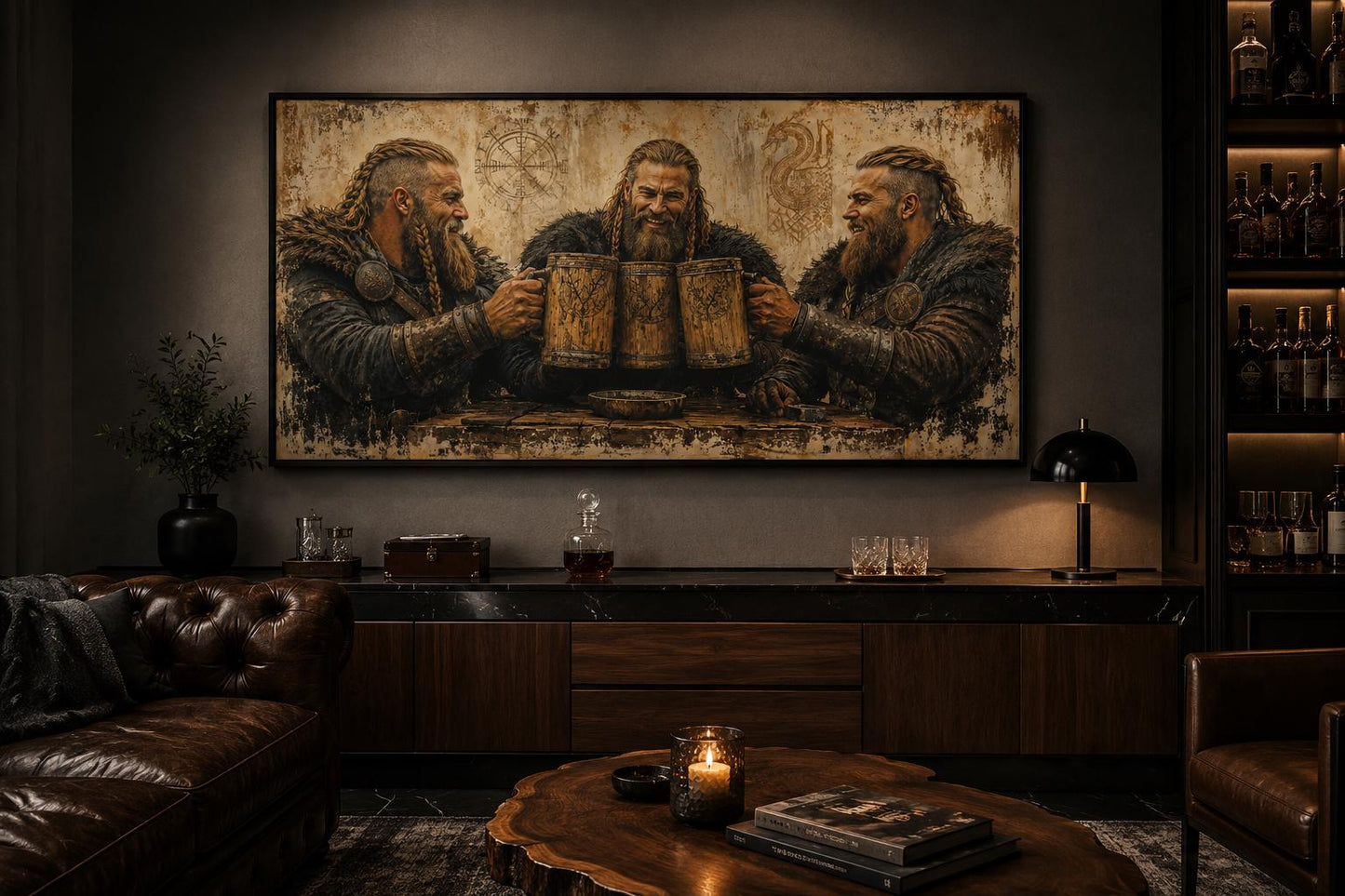 Three Vikings Drinking Beer Canvas Wall Art For Man Cave | Rustic Bar Decor