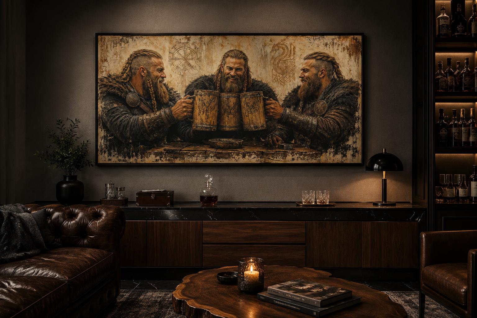 Three Vikings Drinking Beer Canvas Wall Art For Man Cave | Rustic Bar Decor