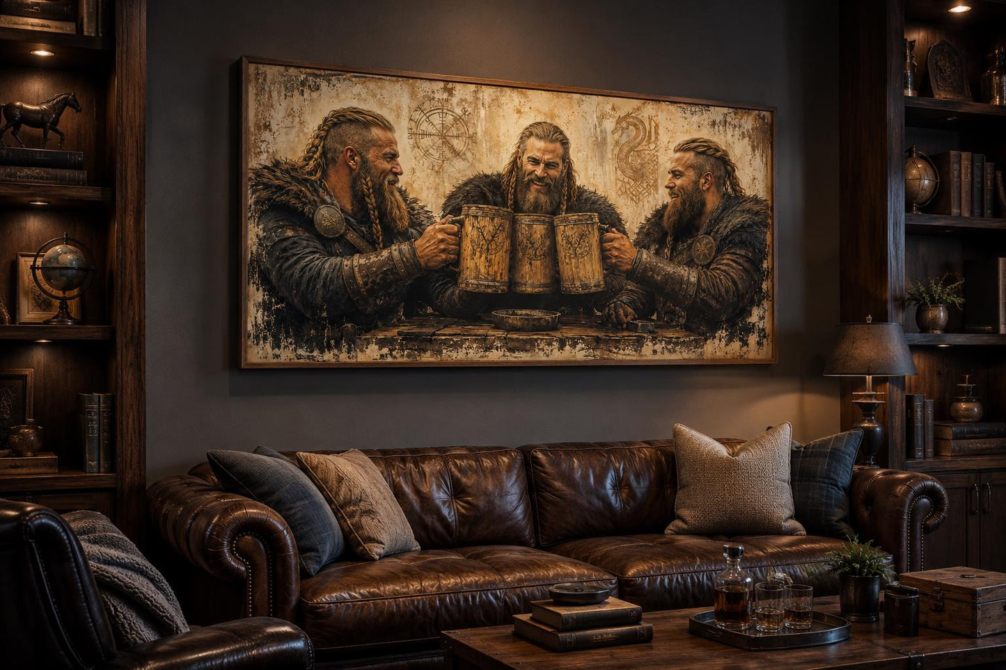 Three Vikings Drinking Beer Canvas Wall Art For Man Cave | Rustic Bar Decor
