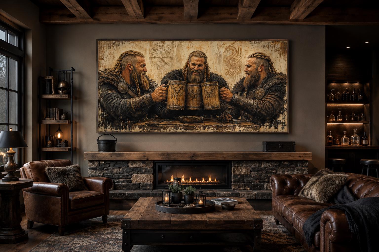 Three Vikings Drinking Beer Canvas Wall Art For Man Cave | Rustic Bar Decor