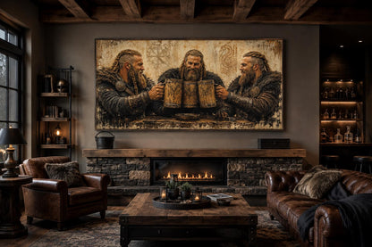 Three Vikings Drinking Beer Canvas Wall Art For Man Cave | Rustic Bar Decor