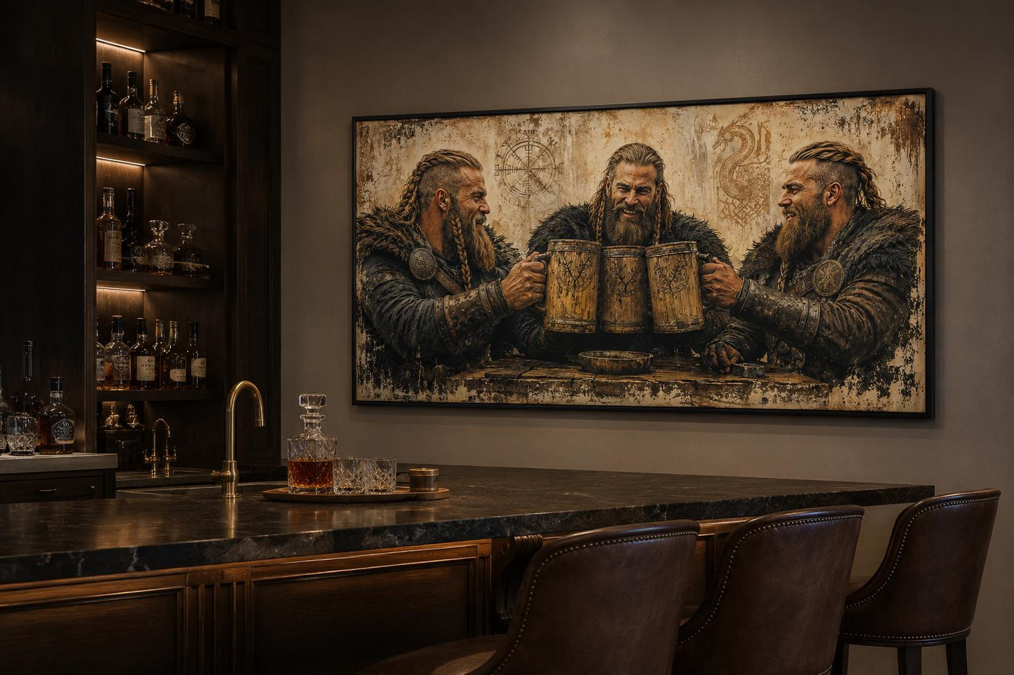Three Vikings Drinking Beer Canvas Wall Art For Man Cave | Rustic Bar Decor