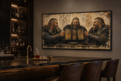 Three Vikings Drinking Beer Canvas Wall Art For Man Cave | Rustic Bar Decor