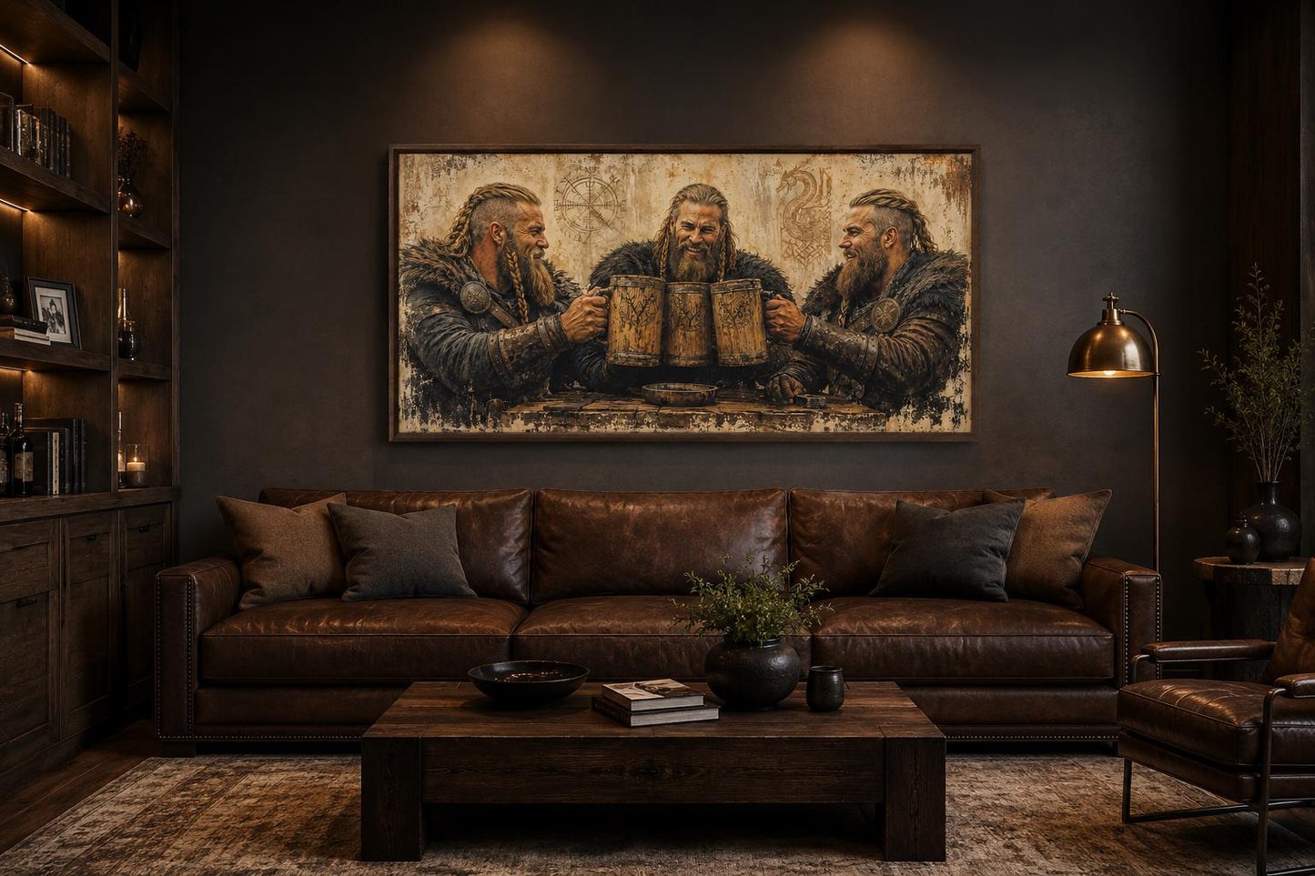 Three Vikings Drinking Beer Canvas Wall Art For Man Cave | Rustic Bar Decor
