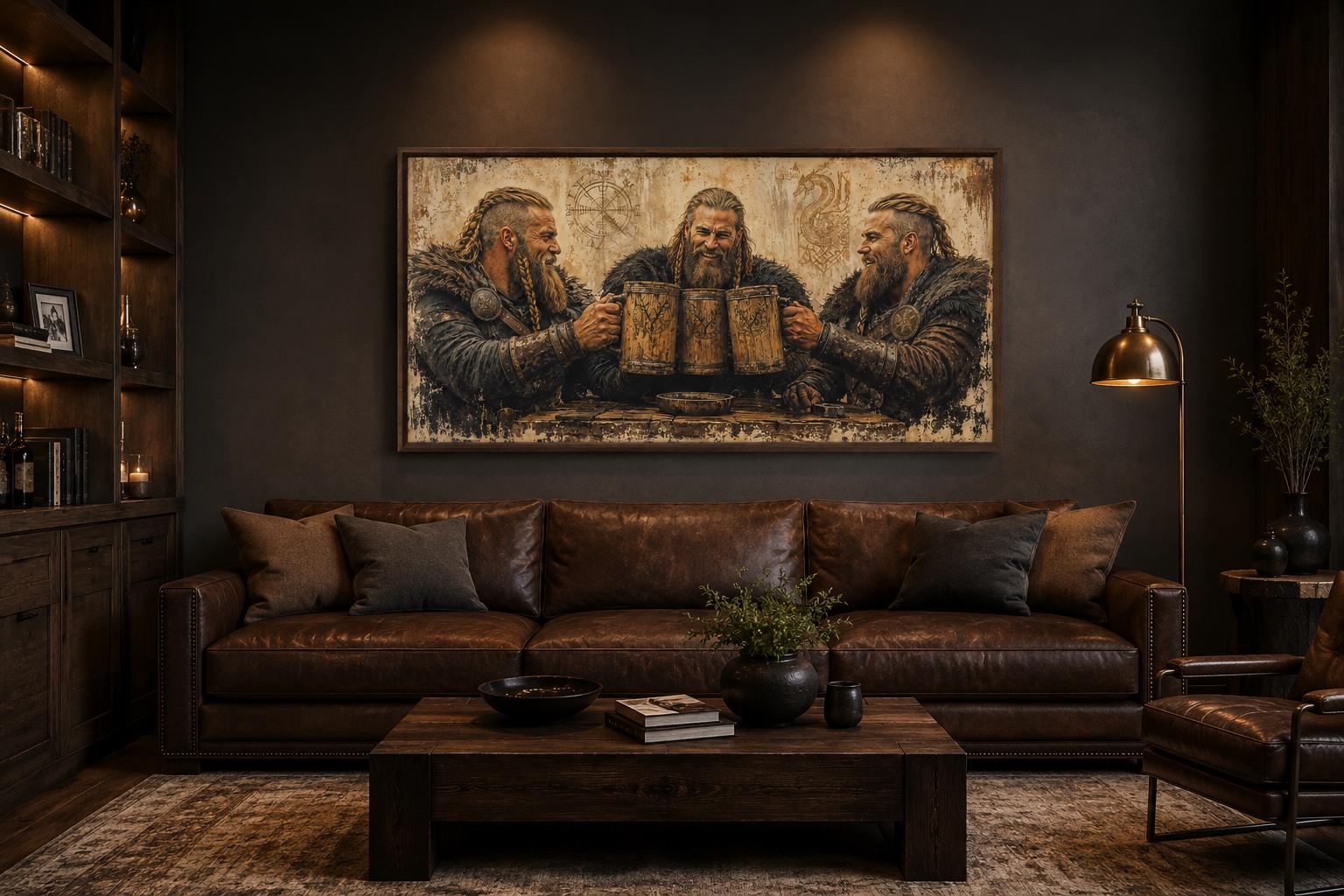 Three Vikings Drinking Beer Canvas Wall Art For Man Cave | Rustic Bar Decor