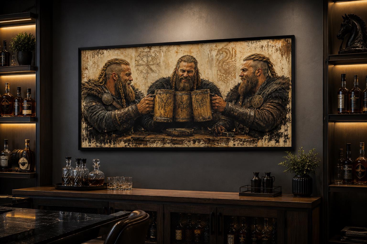Three Vikings Drinking Beer Canvas Wall Art For Man Cave | Rustic Bar Decor