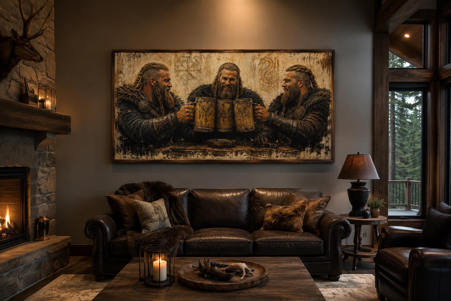 Three Vikings Drinking Beer Canvas Wall Art For Man Cave | Rustic Bar Decor