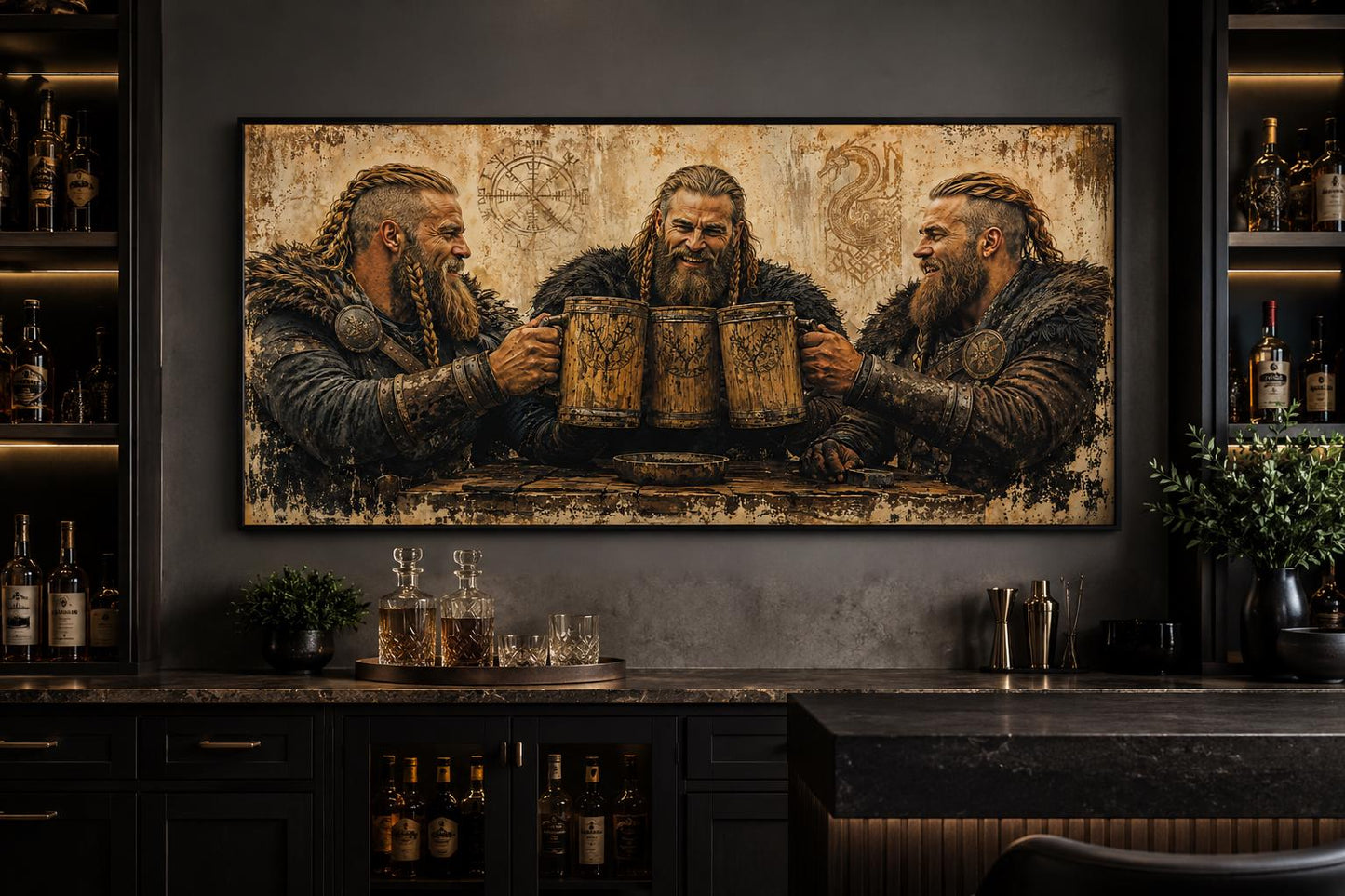 Three Vikings Drinking Beer Canvas Wall Art For Man Cave | Rustic Bar Decor