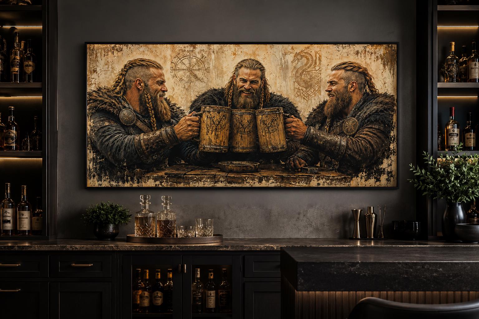 Three Vikings Drinking Beer Canvas Wall Art For Man Cave | Rustic Bar Decor