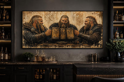 Three Vikings Drinking Beer Canvas Wall Art For Man Cave | Rustic Bar Decor