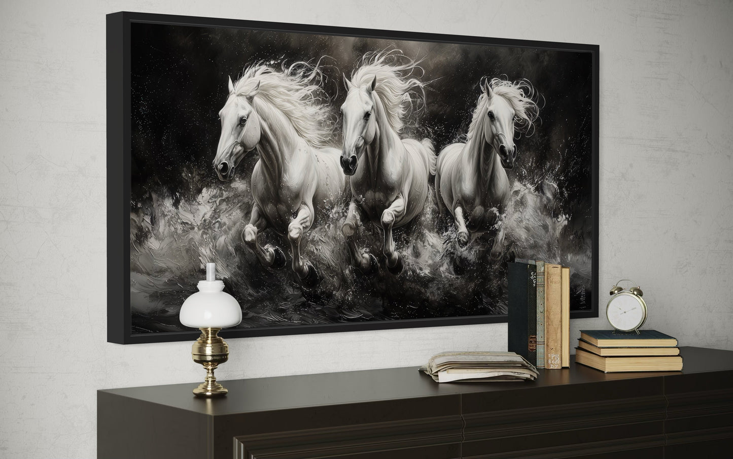 Three White Horses Running Framed Canvas Wall Art
