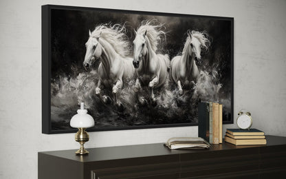 Three White Horses Running Framed Canvas Wall Art