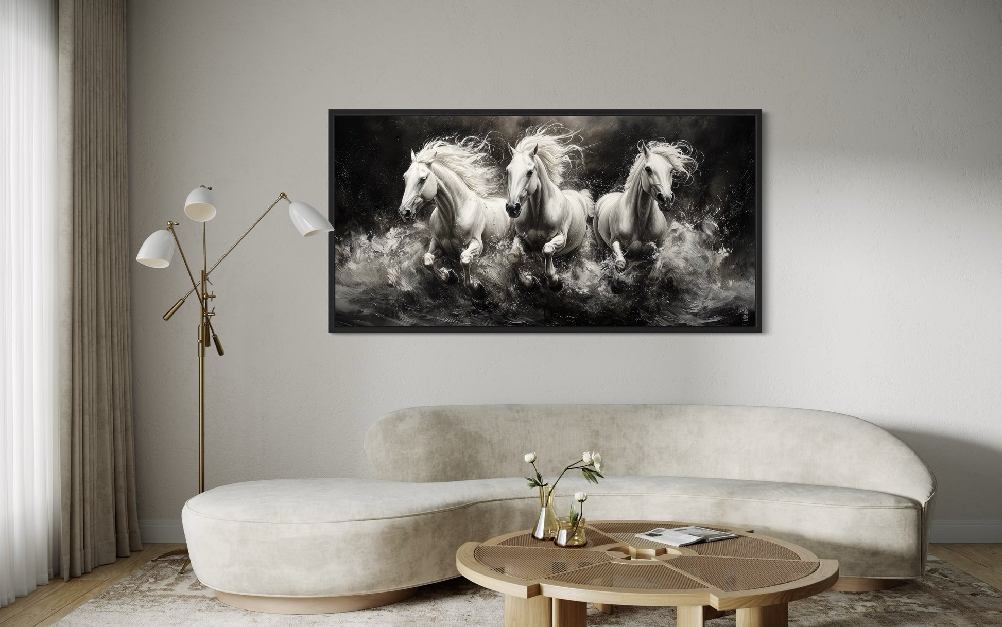 Three White Horses Running Framed Canvas Wall Art