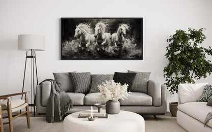 Three White Horses Running Framed Canvas Wall Art