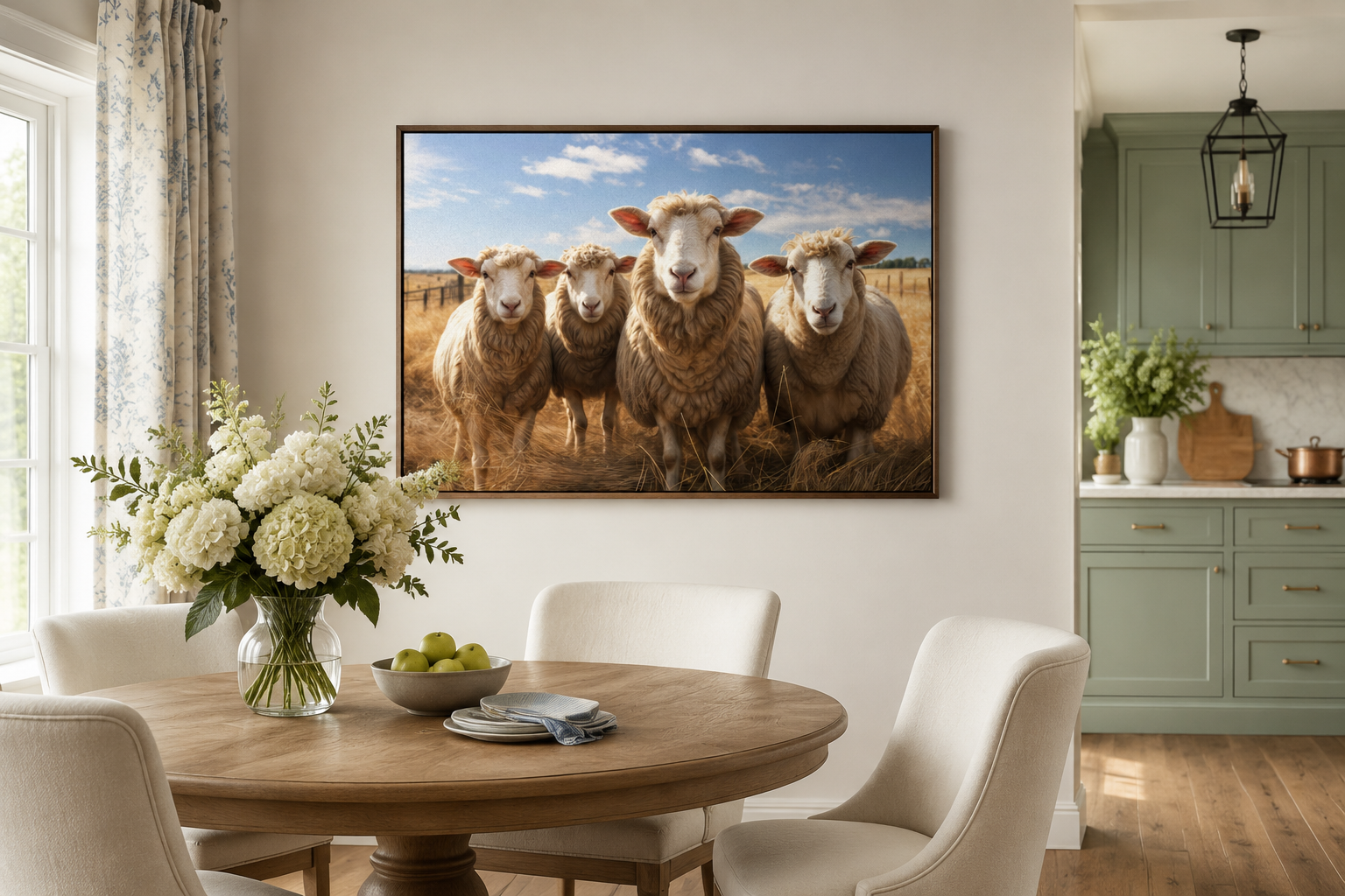 Farm Sheep In The Field Framed Canvas Wall Art for Farmhouse Kitchen