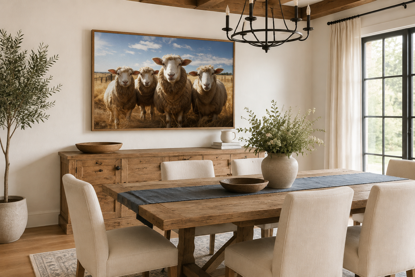 Farm Sheep In The Field Framed Canvas Wall Art for Farmhouse Kitchen