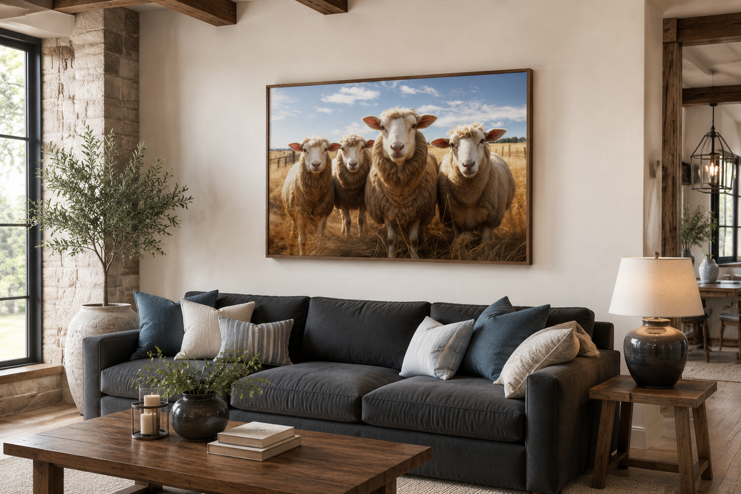 Farm Sheep In The Field Framed Canvas Wall Art for Farmhouse Kitchen