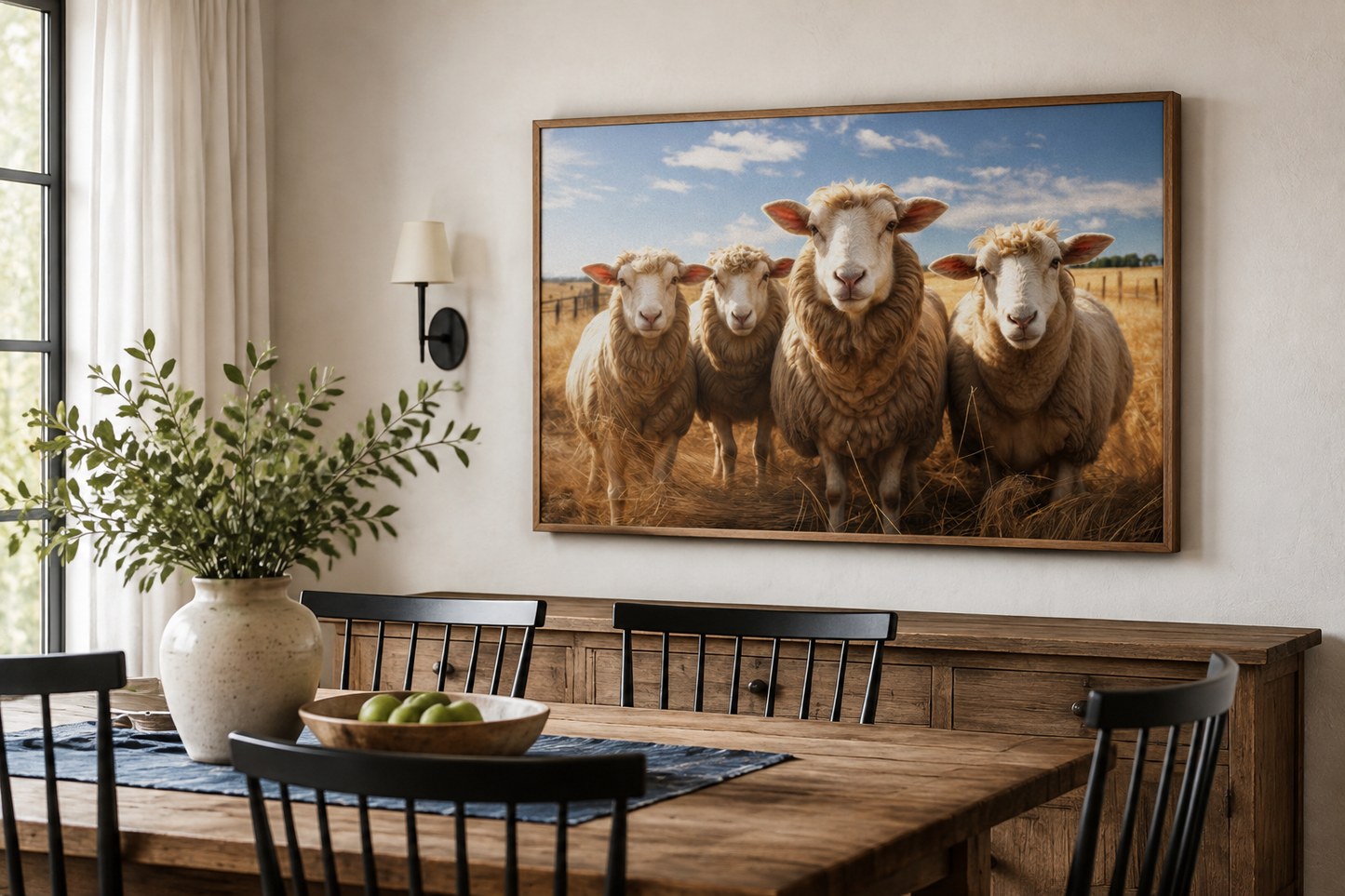 Farm Sheep In The Field Framed Canvas Wall Art for Farmhouse Kitchen