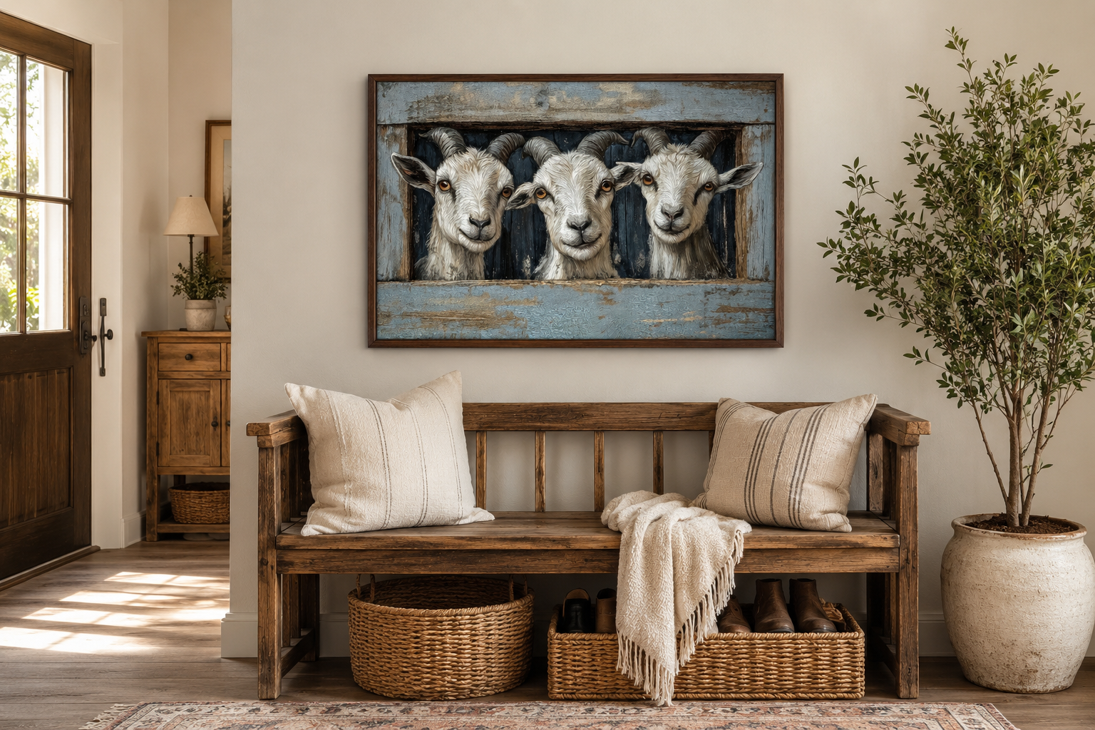 Three Funny Goats Looking Through Fake Wooden Window Canvas Wall Art