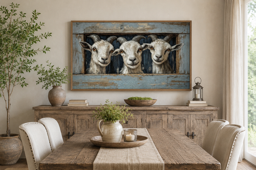 Three Funny Goats Looking Through Fake Wooden Window Canvas Wall Art