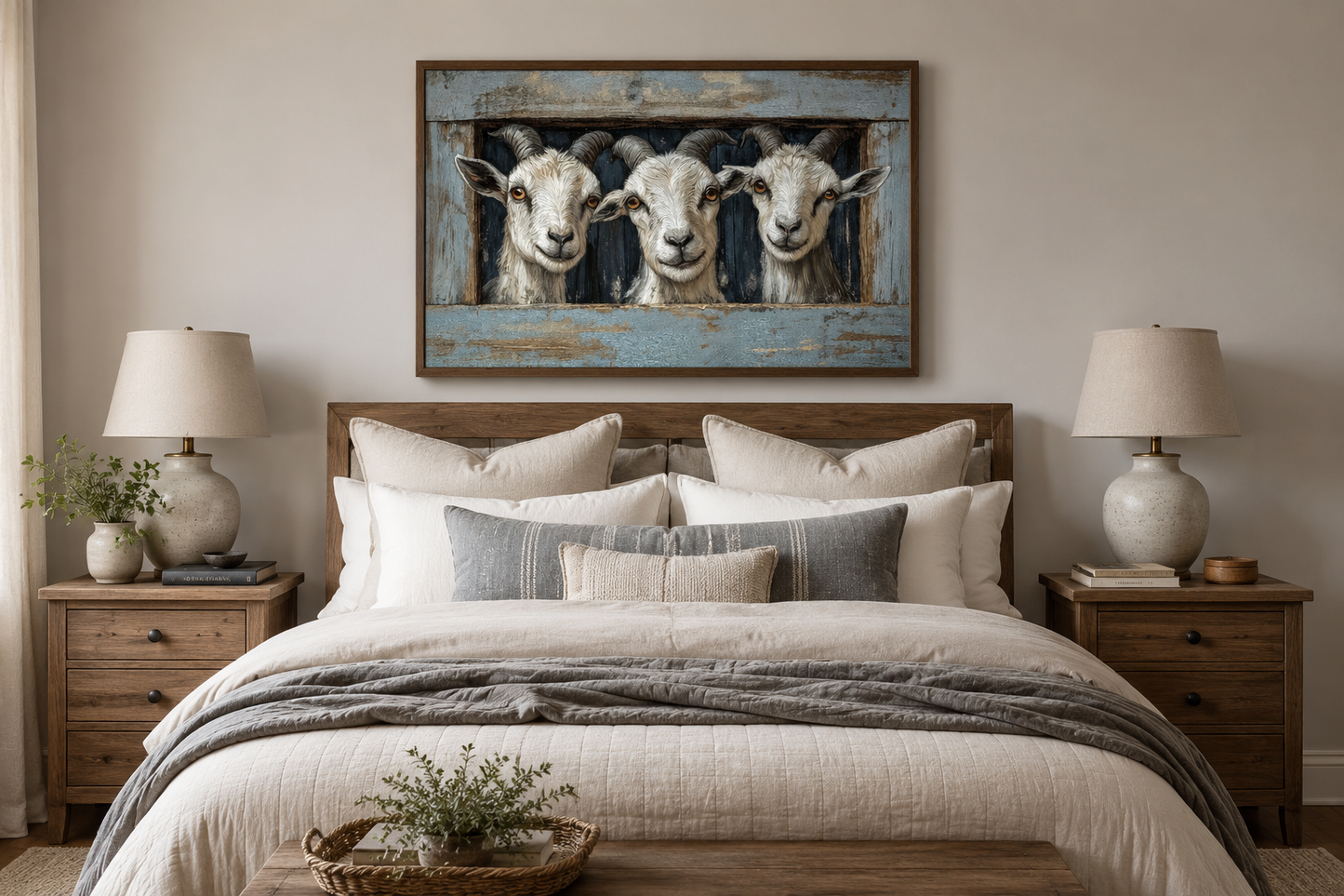 Three Funny Goats Looking Through Fake Wooden Window Canvas Wall Art