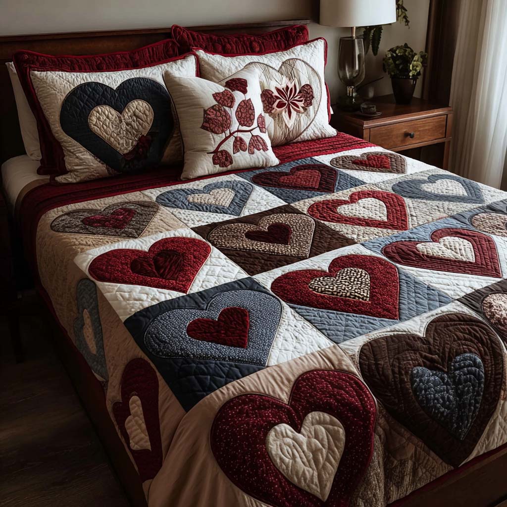 Timeless Hearts 3-Piece Quilted Bedding Set - Single (59" x 70")