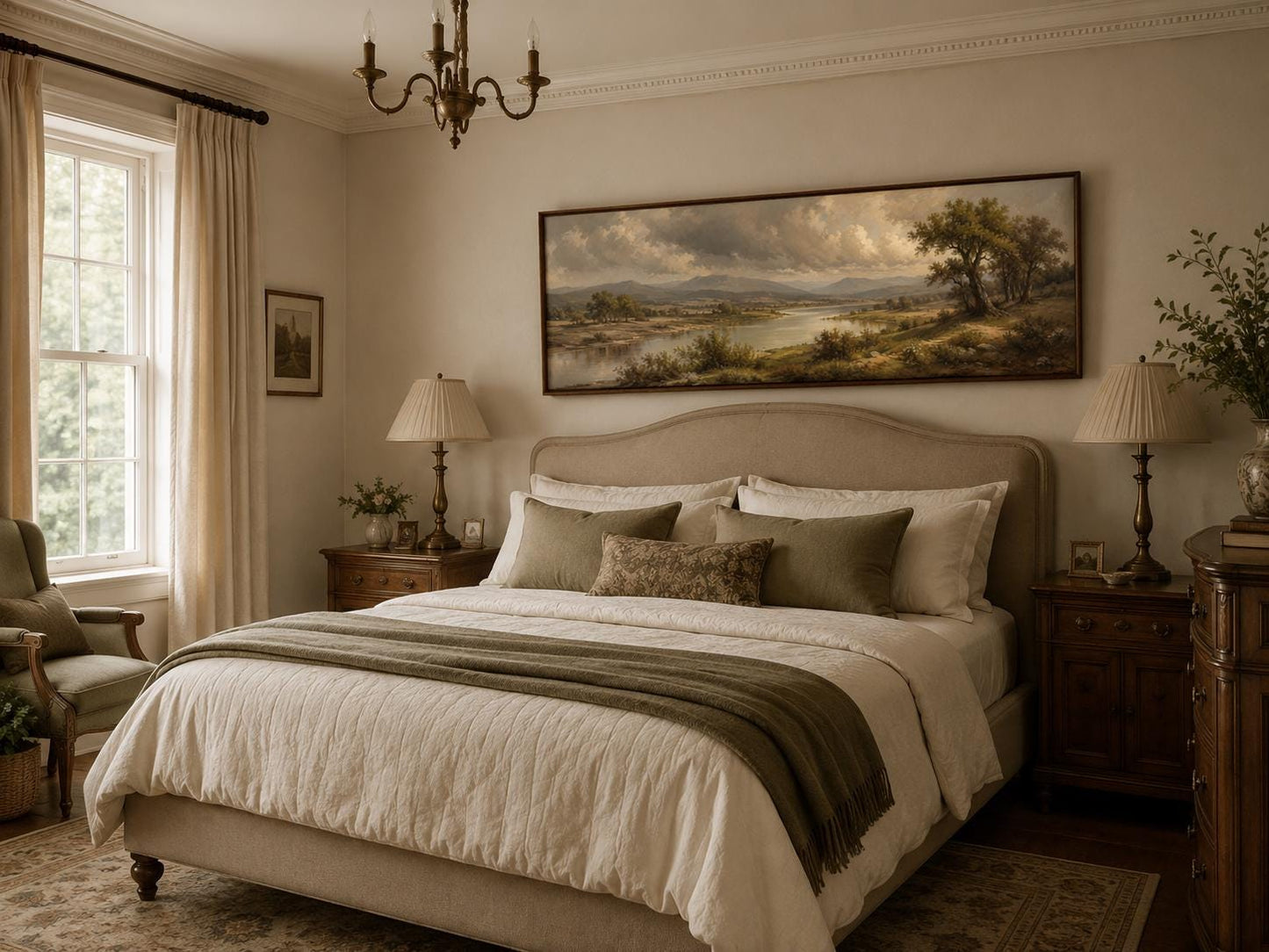 Traditional Landscape Canvas - Moody River Valley Art | Classic Countryside Print on Long Horizontal Canvas