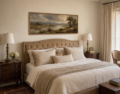 Traditional Landscape Canvas - Moody River Valley Art | Classic Countryside Print on Long Horizontal Canvas