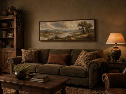 Traditional Landscape Canvas - Moody River Valley Art | Classic Countryside Print on Long Horizontal Canvas