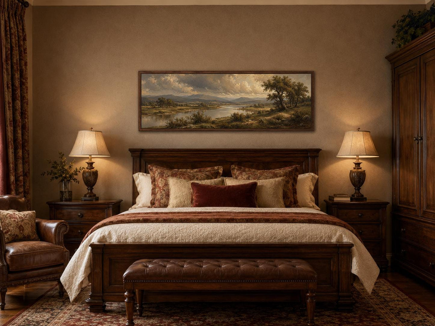 Traditional Landscape Canvas - Moody River Valley Art | Classic Countryside Print on Long Horizontal Canvas