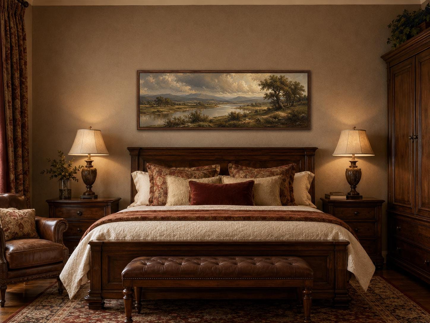 Traditional Landscape Canvas - Moody River Valley Art | Classic Countryside Print on Long Horizontal Canvas