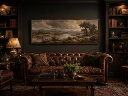 Traditional Landscape Canvas - Moody River Valley Art | Classic Countryside Print on Long Horizontal Canvas