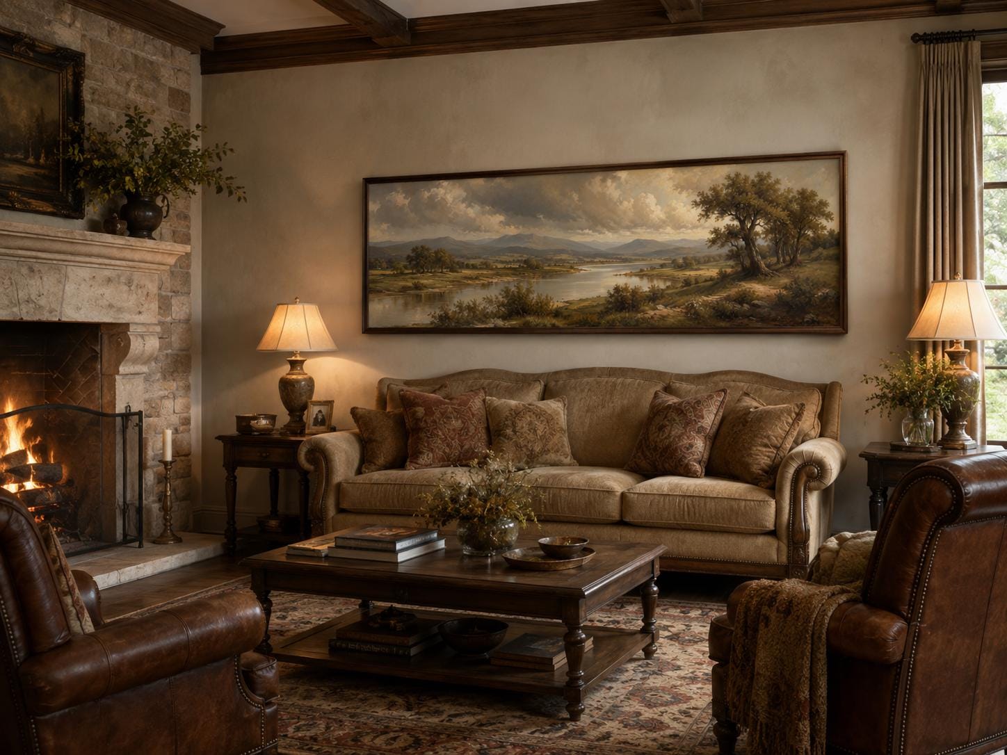 Traditional Landscape Canvas - Moody River Valley Art | Classic Countryside Print on Long Horizontal Canvas