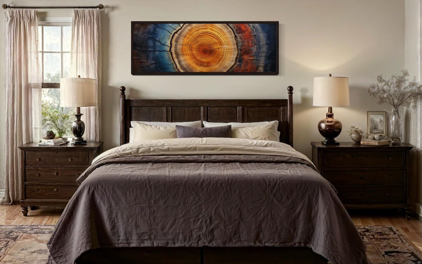 Tree Ring Long Horizontal Canvas Wall Art for Cabin Decor Above Bed Or Couch