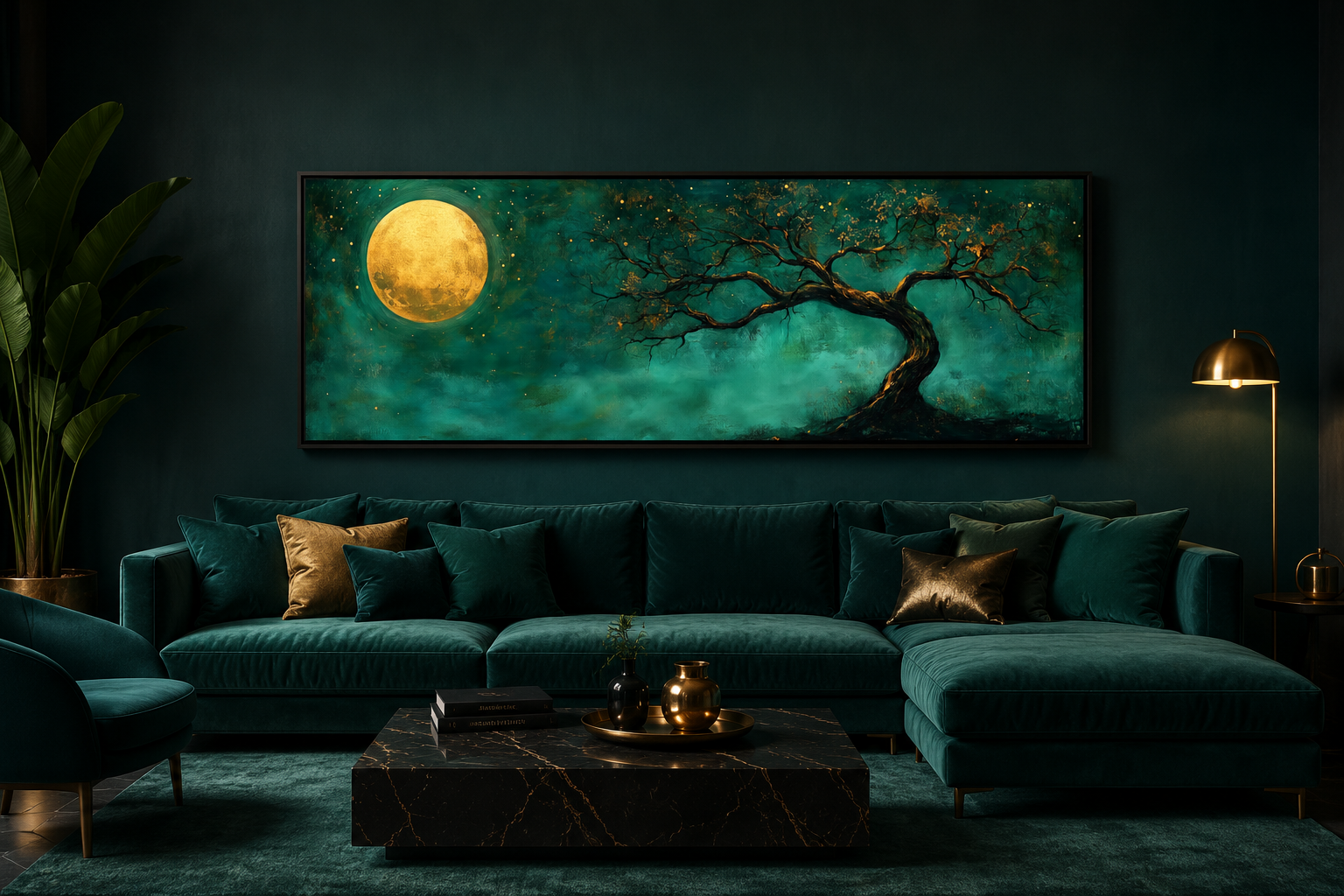 Tree And Moon Emerald Green and Gold Long Horizontal Wall Art