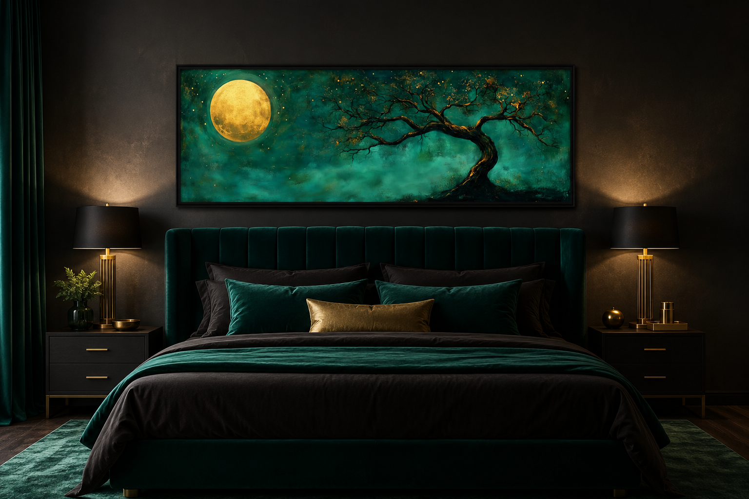 Tree And Moon Emerald Green and Gold Long Horizontal Wall Art
