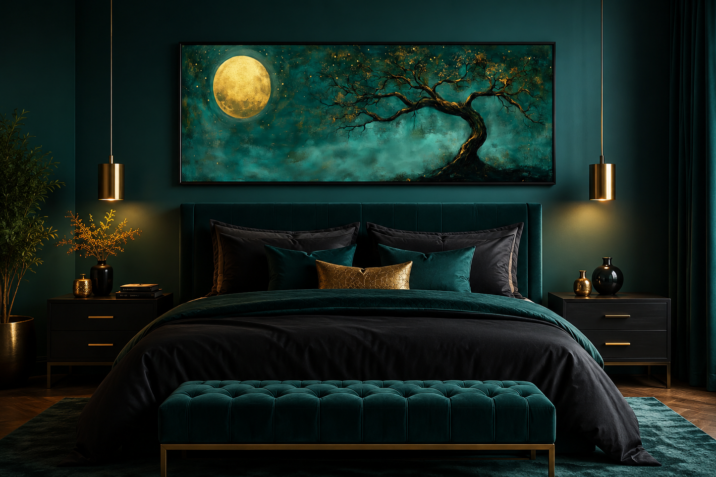 Tree And Moon Emerald Green and Gold Long Horizontal Wall Art