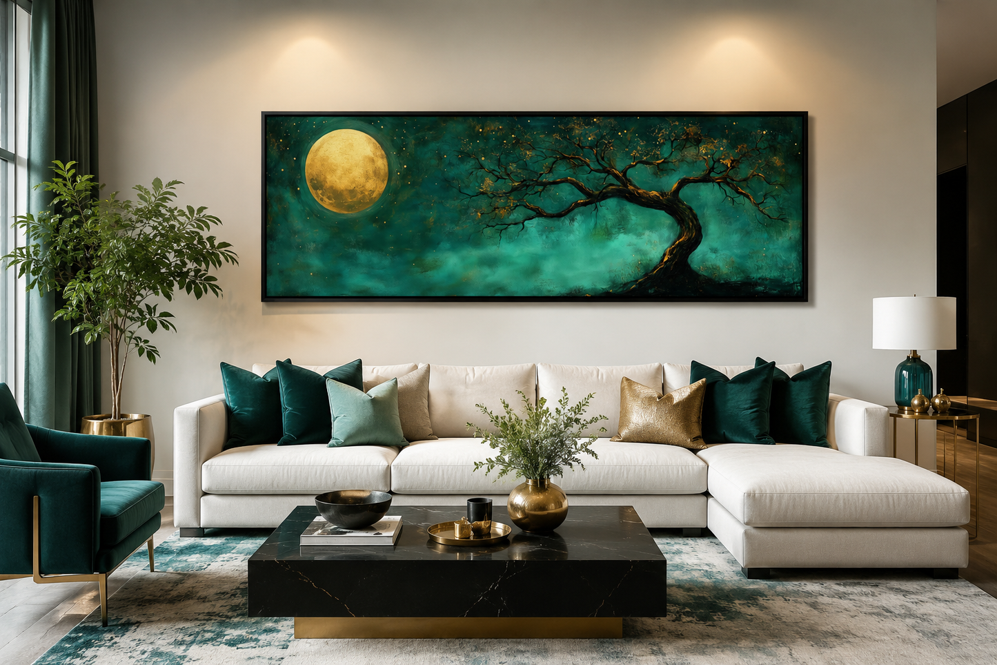 Tree And Moon Emerald Green and Gold Long Horizontal Wall Art