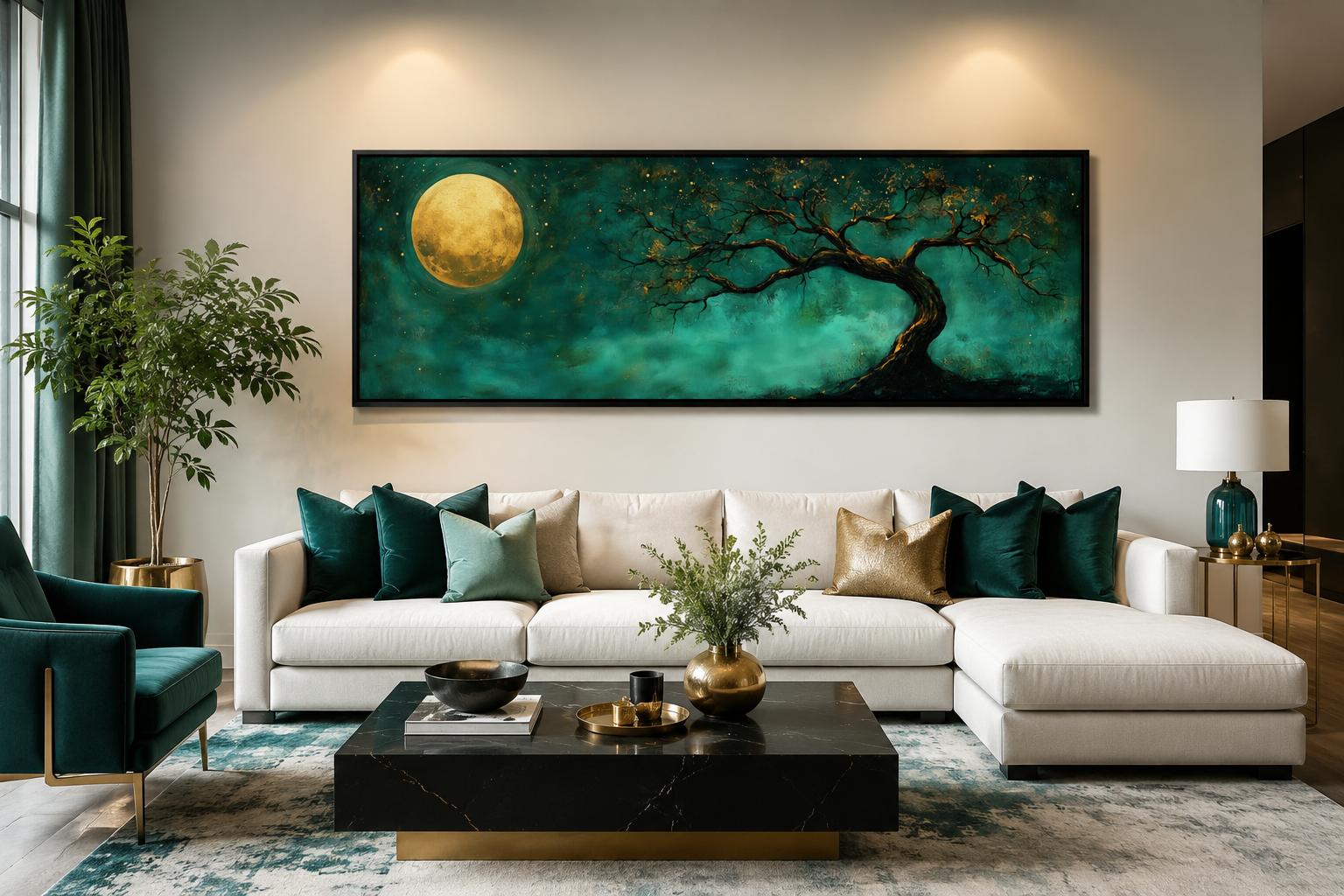 Tree And Moon Emerald Green and Gold Long Horizontal Wall Art