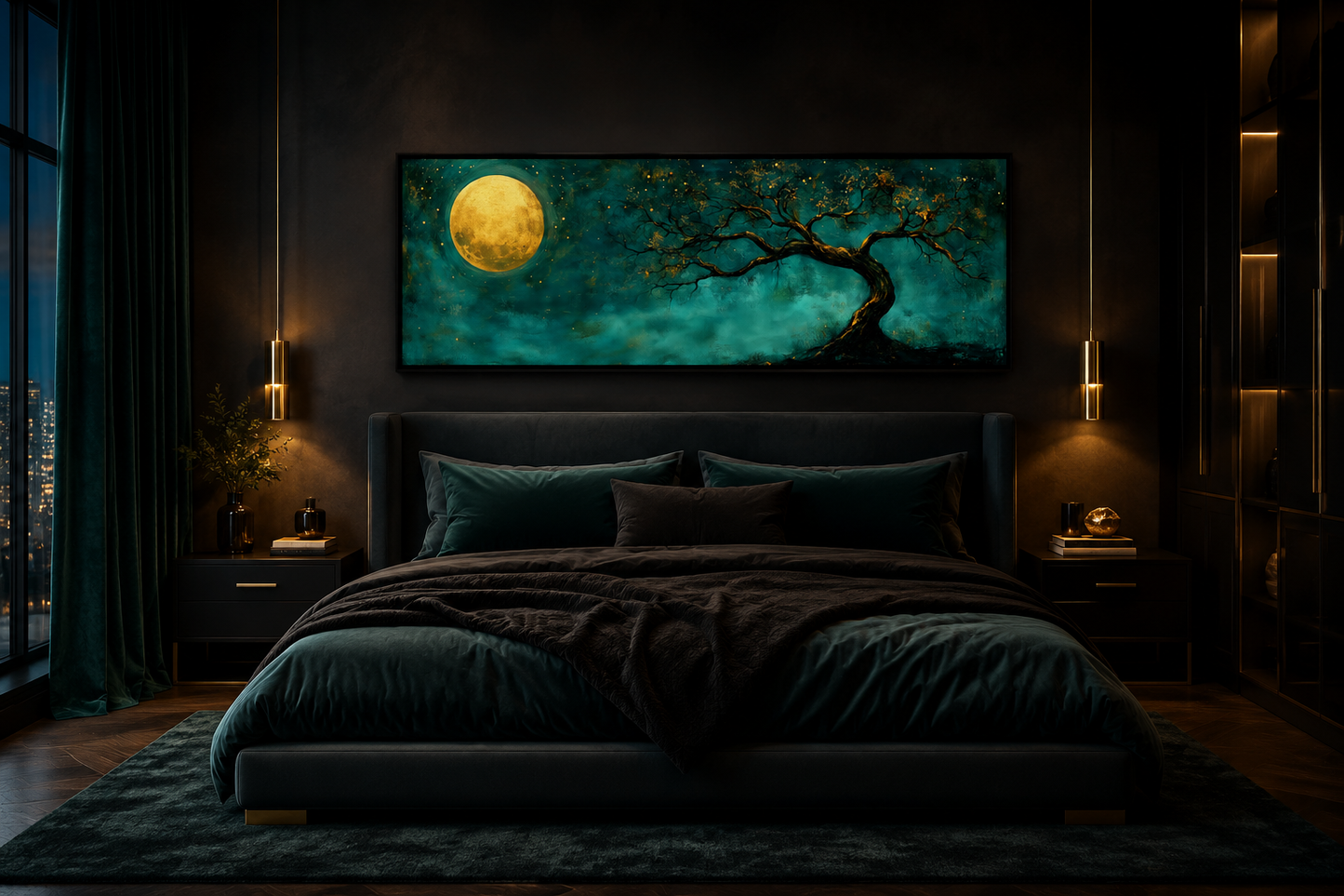 Tree And Moon Emerald Green and Gold Long Horizontal Wall Art