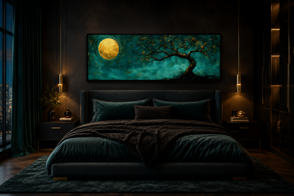 Tree And Moon Emerald Green and Gold Long Horizontal Wall Art