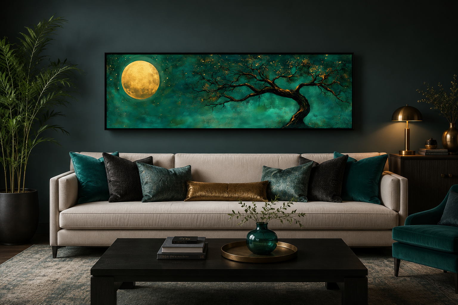 Tree And Moon Emerald Green and Gold Long Horizontal Wall Art