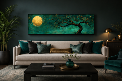 Tree And Moon Emerald Green and Gold Long Horizontal Wall Art
