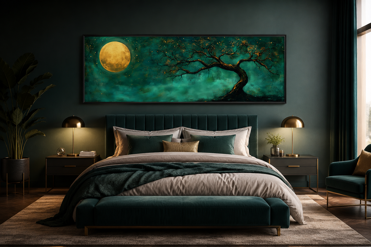Tree And Moon Emerald Green and Gold Long Horizontal Wall Art