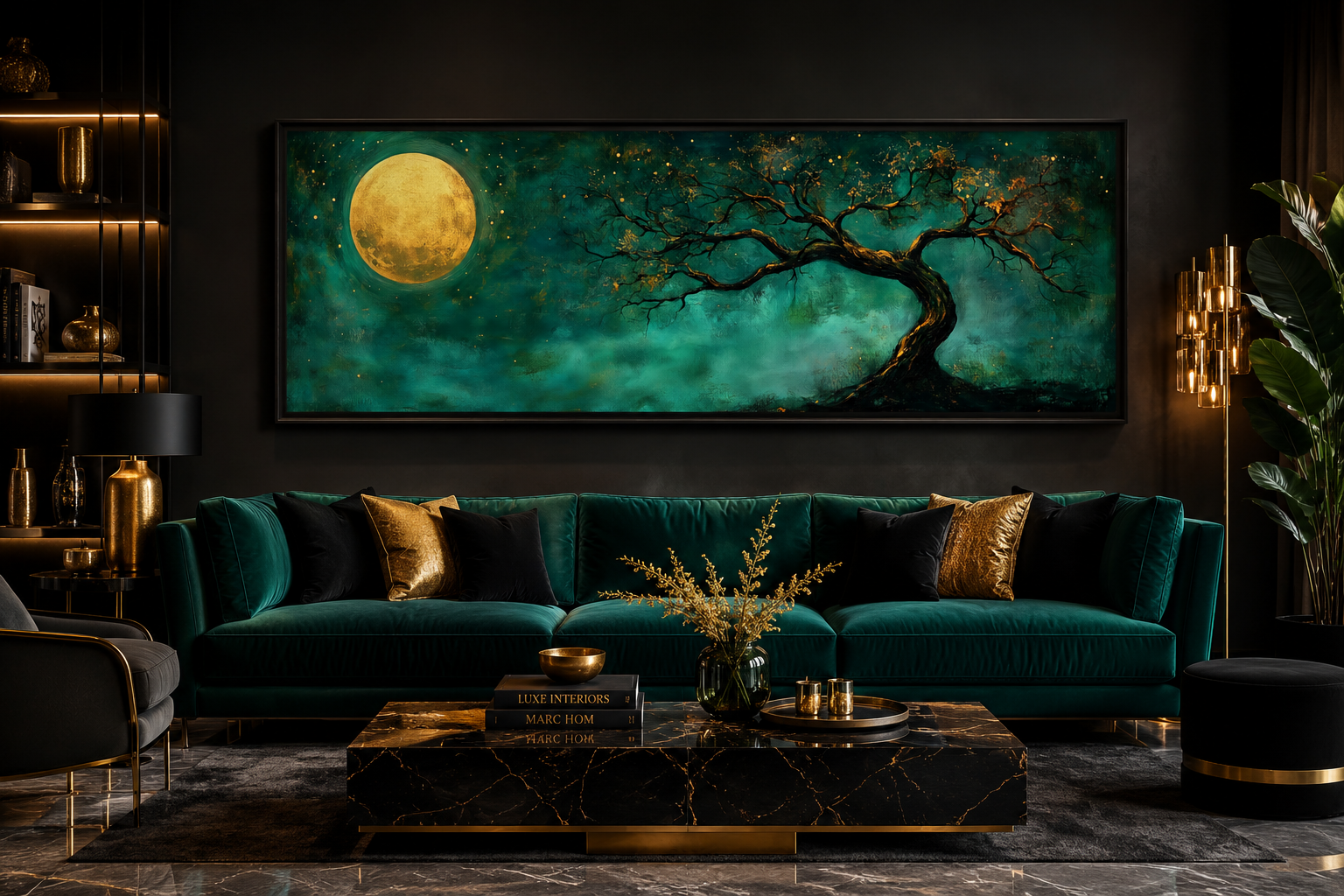 Tree And Moon Emerald Green and Gold Long Horizontal Wall Art