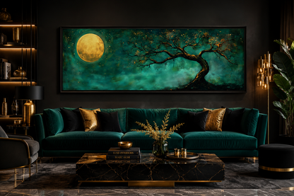 Tree And Moon Emerald Green and Gold Long Horizontal Wall Art