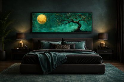 Tree And Moon Emerald Green and Gold Long Horizontal Wall Art