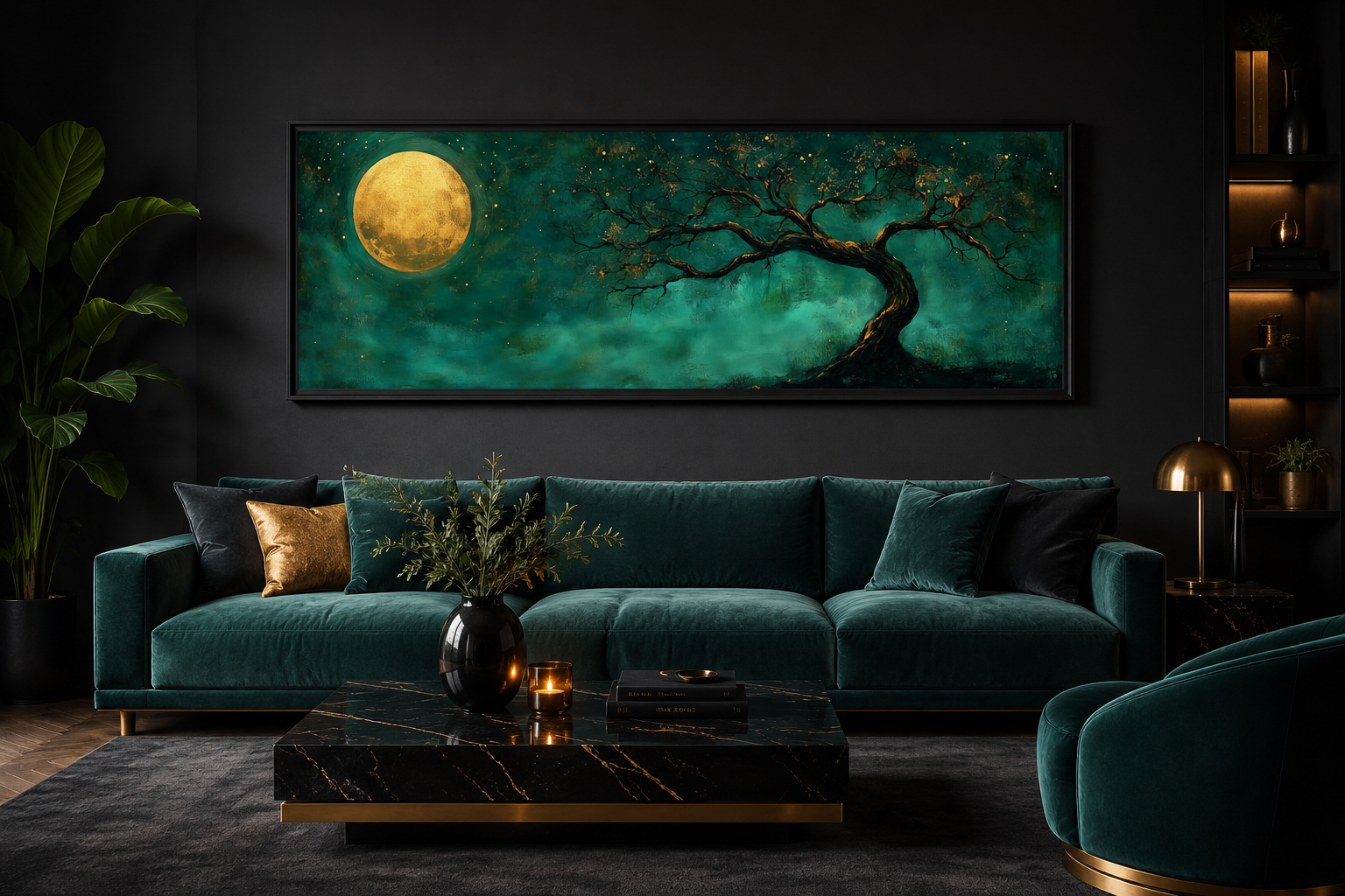 Tree And Moon Emerald Green and Gold Long Horizontal Wall Art